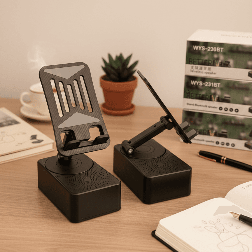 3-in-1 Rotating Foldable Mobile Phone Stand with Built-in Bluetooth Speaker – Adjustable Desktop Holder for Smartphones — main product photo