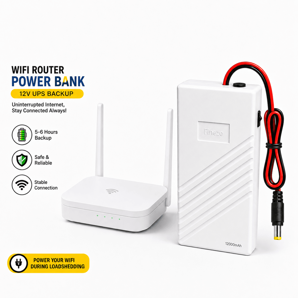Finezo WiFi Power Bank 12000mAh – 1A, 1.5A & 2A Mini UPS for WiFi Devices – 5-6 Hours Backup – Portable Power Backup for WiFi During Load Shedding — main product photo