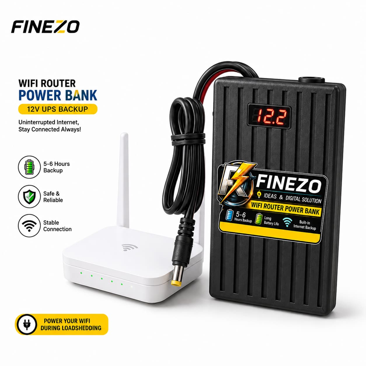 Finezo WiFi Router Power Bank 12V 6000mAh – Router Mini UPS with LED Digital Voltage Display, 5-6 Hours Backup, 0.5A & 1A, Portable WiFi Power Backup — main product photo