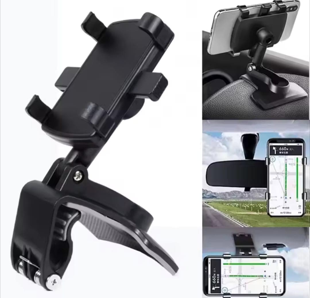 Dashboard Car Phone Holder ABS – 360° Rotatable Mobile Phone Sun Visor & Rear View Mirror Mount Support for Smartphones — main product photo