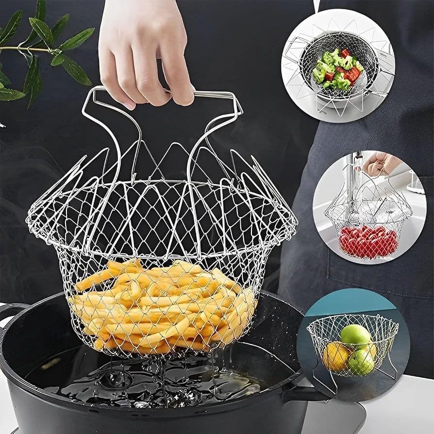 Stainless Steel Foldable Frying Basket - Collapsible Kitchen Chef Basket — main product photo