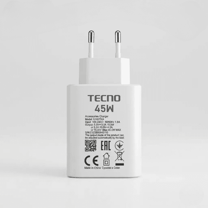 Tecno 45W Original Fast Charging Power Adapter | USB Type-A Wall Charger for Tecno Smartphones | 45W Fast Charger — main product photo