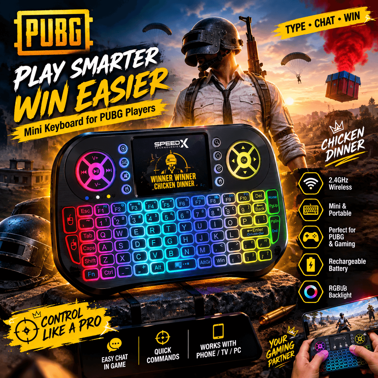 Mini Wireless Mobile PUBG Keyboard + bluetooth Touchpad 7 Color Backlit Light 2.4ghz Rechargeable with Nokia Bettery — main product photo