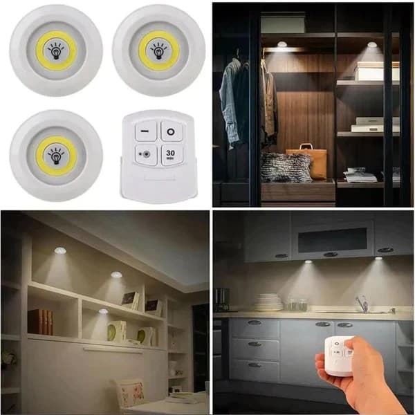 Pack Of 3 LED Remote Control Lights | Tap Light For Cabinet Wardrobe Room Kitchen & Office Use | Self-adhesive Lights With Remote (Cell Operated) — main product photo