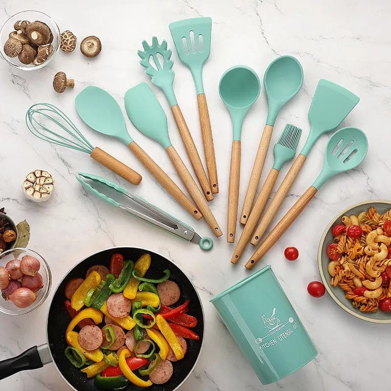 12-Piece Silicone Kitchen Utensil Set with Wooden Handles — main product photo