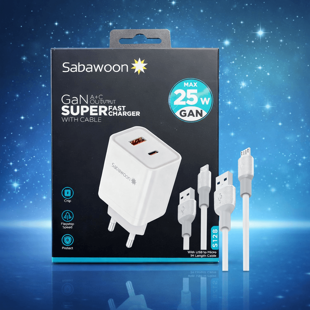 Sabawoon 25W GaN A+C Super Fast Charger Perfect for smartphones earbuds & tablet with Cable — main product photo