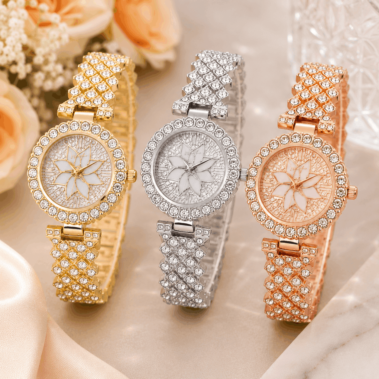 Luxury Floral Crystal Quartz Wrist Watch for Women – Rhinestone Bracelet Analog Fashion Wristwatch for Daily Wear, Party & Gift — main product photo