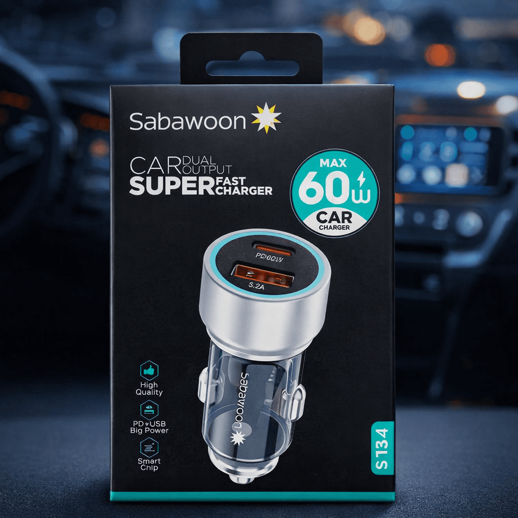 Sabawoon S134 60W Original Car Charger Adapter – PD + USB Dual Port Fast Charging for All Mobile Phones — main product photo