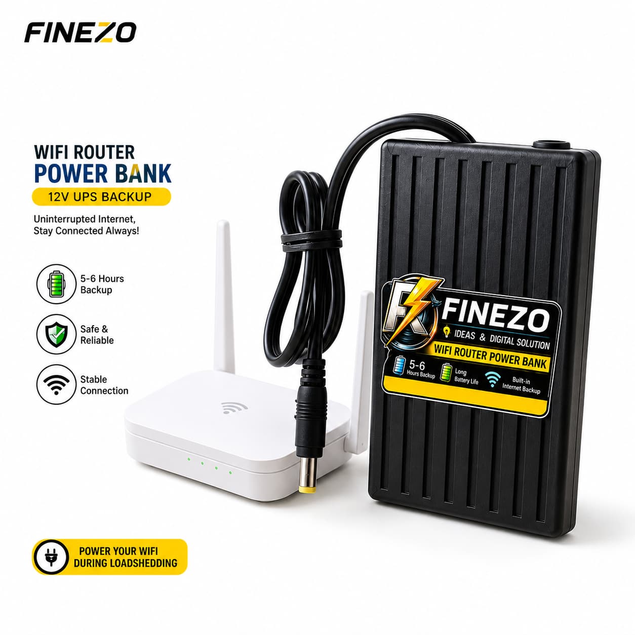 Finezo WiFi Router Power Bank 12V 6000mAh – 0.5A/1A Mini UPS, 5-6 Hours Backup for WiFi Router & Modem – Portable Internet Power Backup — main product photo